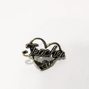 Teacher Rose Open Heart Lapel Pin Brooch Gold Tone 1" Word Spelled Out